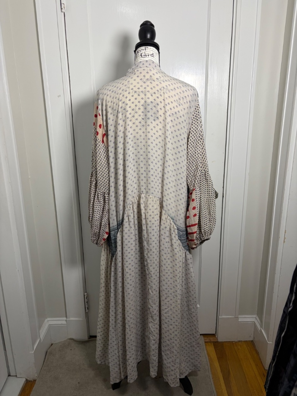 Kantha Bae Evermore Kimono Cream Blue Mixed Print Crepe Sari Long Duster - Picture 3 of 6
